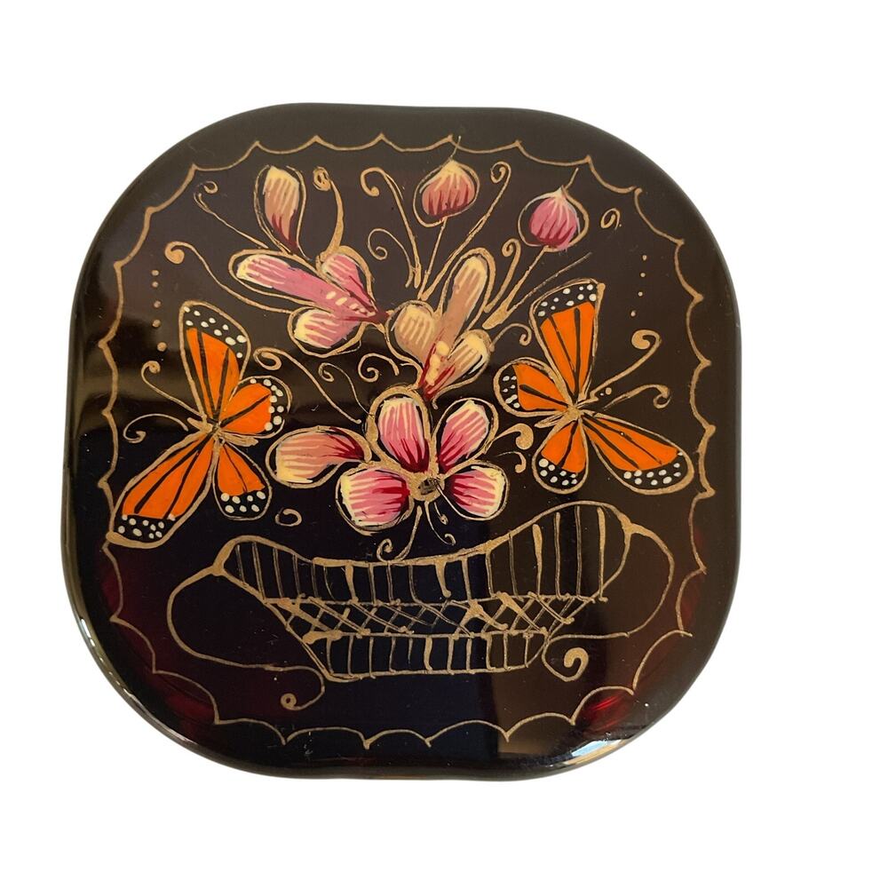 Hand-Painted Mexican Compact Mirror Monarch Butterfly Michoacán Gold Foil Art